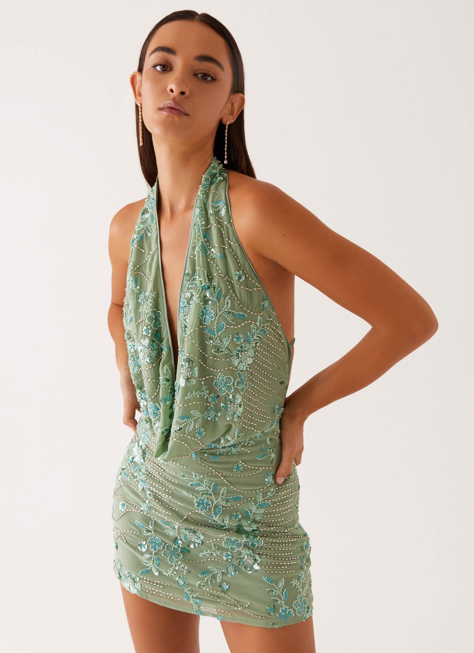 Cowl Neck Mini Dress In Mint