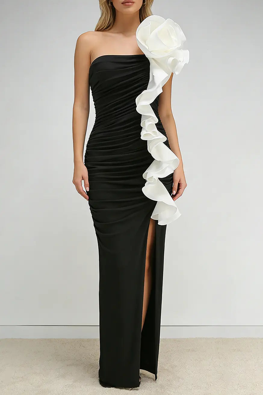 One Shoulder Peony Ruffle Gown in Black