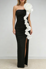 One Shoulder Peony Ruffle Gown in Black