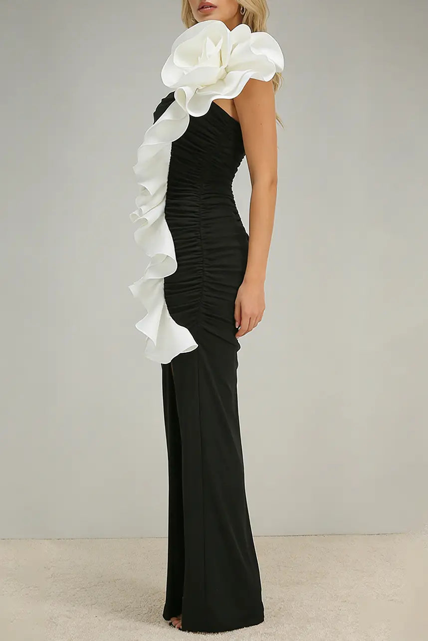 One Shoulder Peony Ruffle Gown in Black
