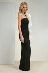 One Shoulder Peony Ruffle Gown in Black