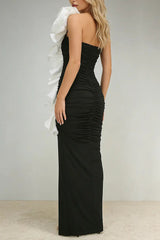 One Shoulder Peony Ruffle Gown in Black