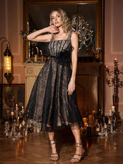 3D Flower Square Neck Lace Midi Dress in Black