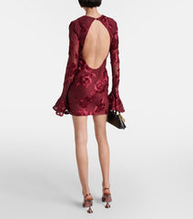 Floral-Embroidered Mesh Mini Dress In Wine Red