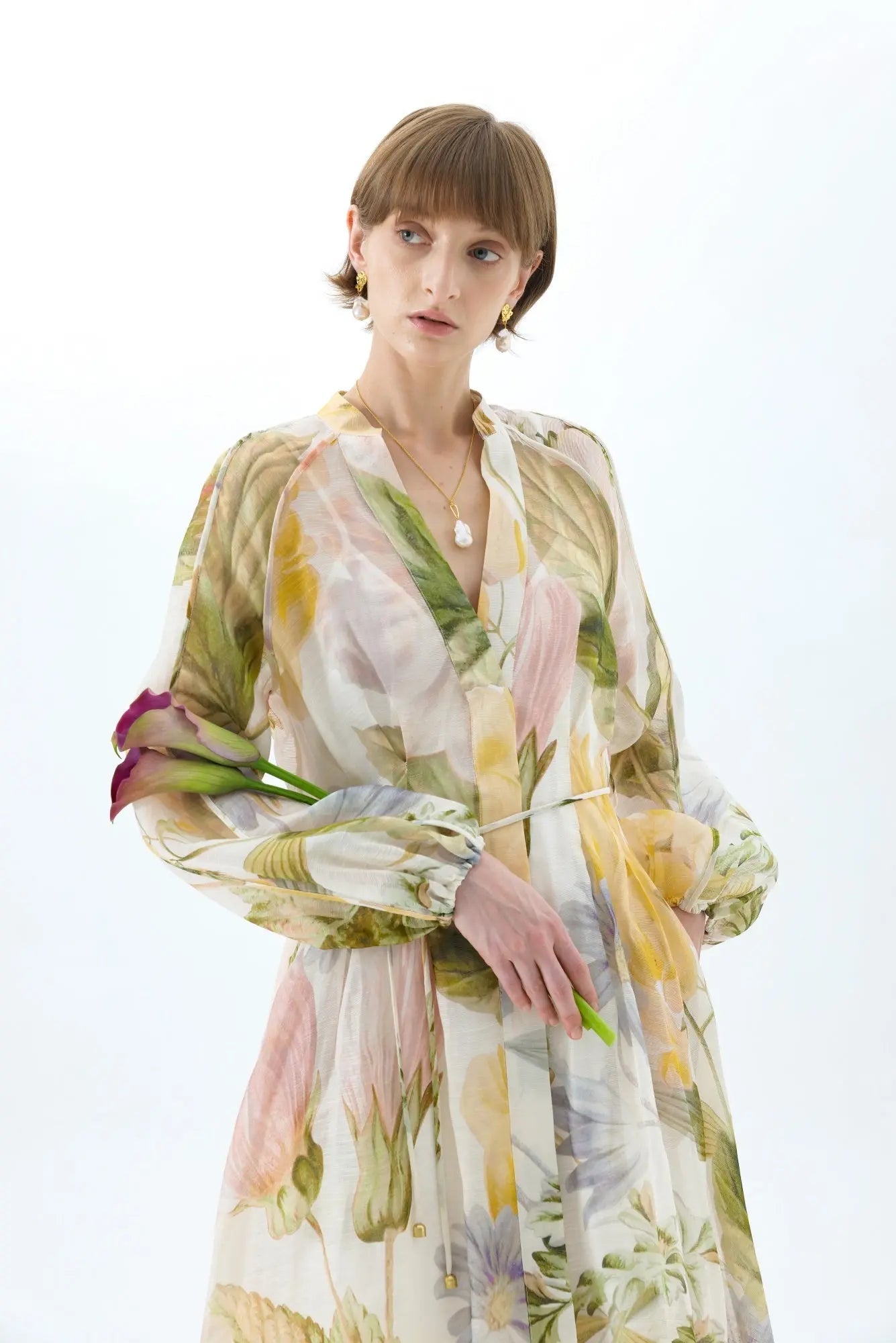 Floral Print Lantern Sleeve Maxi Dress