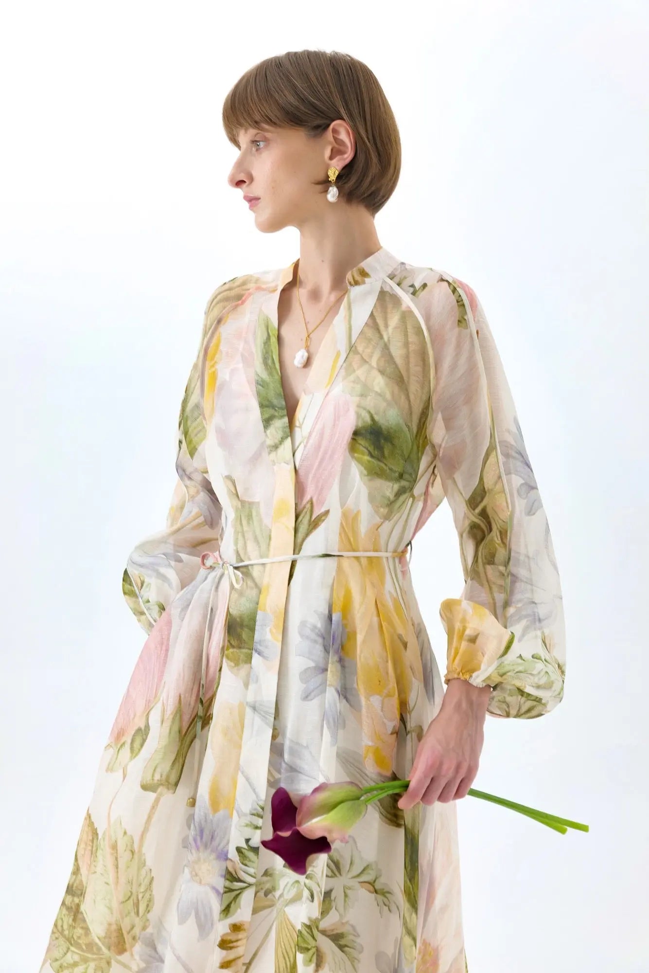 Floral Print Lantern Sleeve Maxi Dress