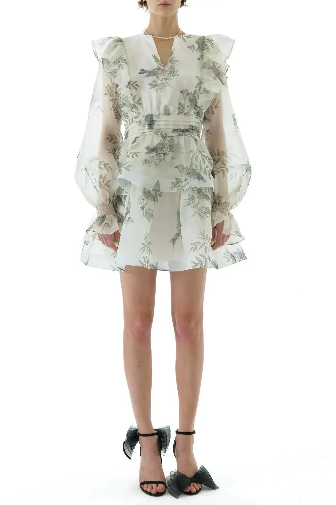 Floral Print Silk Organza Tie Neck Mini Dress