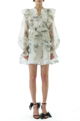 Floral Print Silk Organza Tie Neck Mini Dress