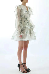 Floral Print Silk Organza Tie Neck Mini Dress