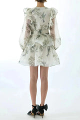 Floral Print Silk Organza Tie Neck Mini Dress