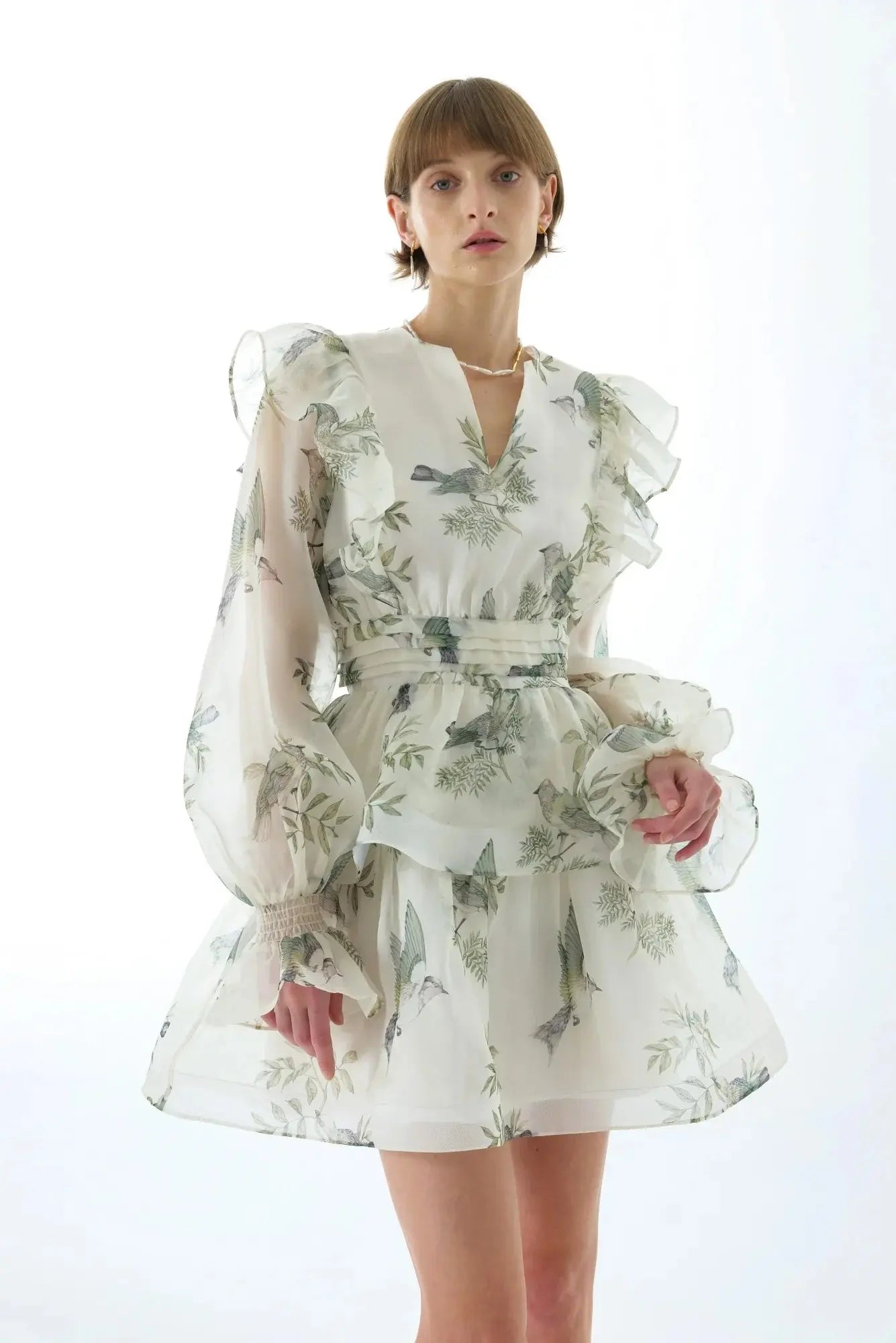Floral Print Silk Organza Tie Neck Mini Dress