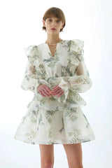 Floral Print Silk Organza Tie Neck Mini Dress