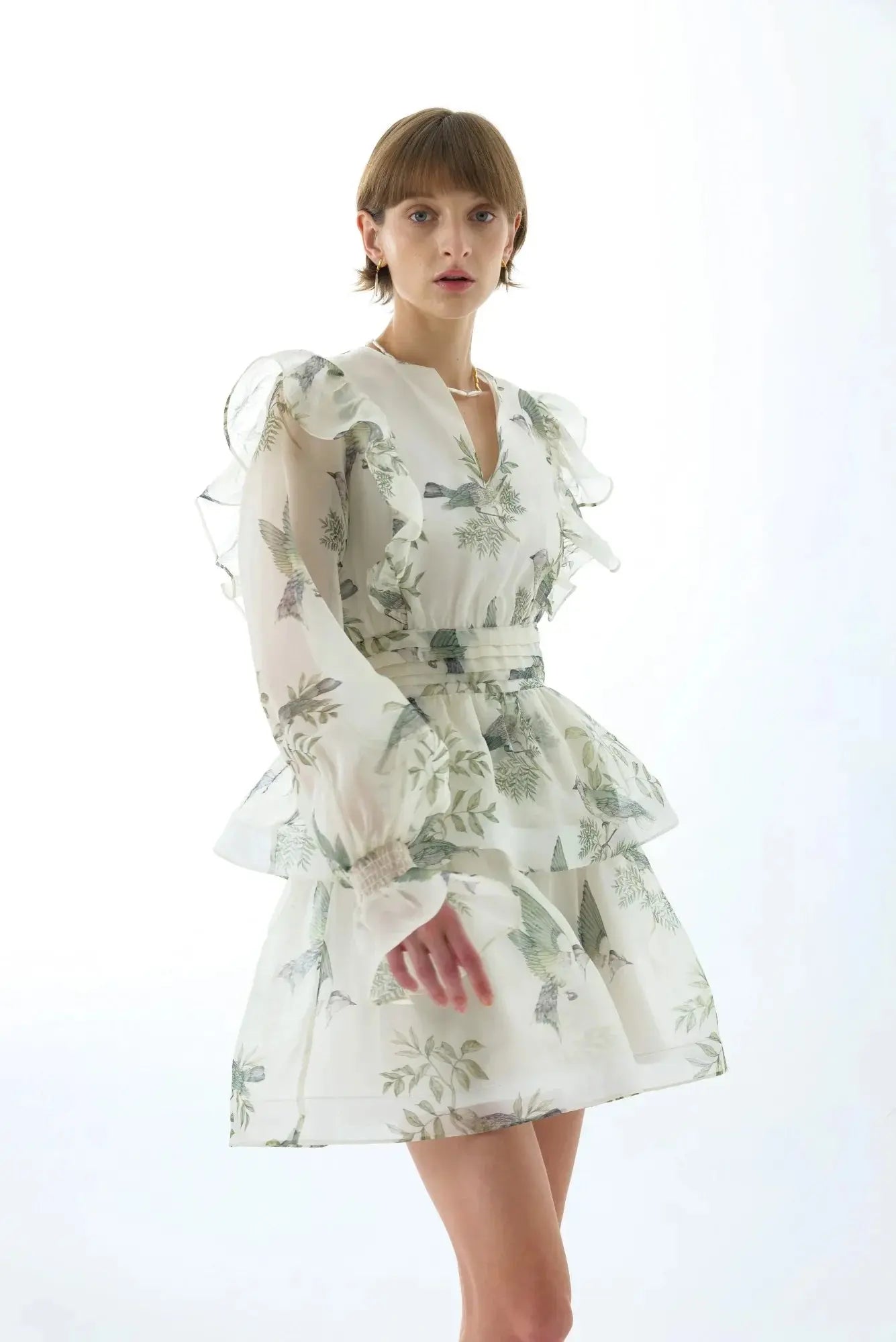 Floral Print Silk Organza Tie Neck Mini Dress