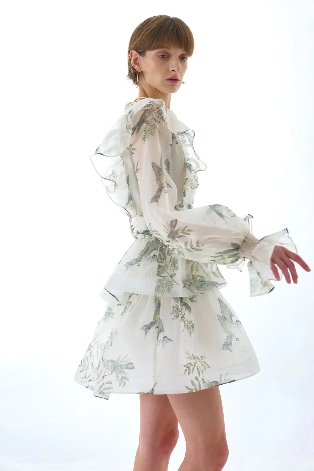 Floral Print Silk Organza Tie Neck Mini Dress
