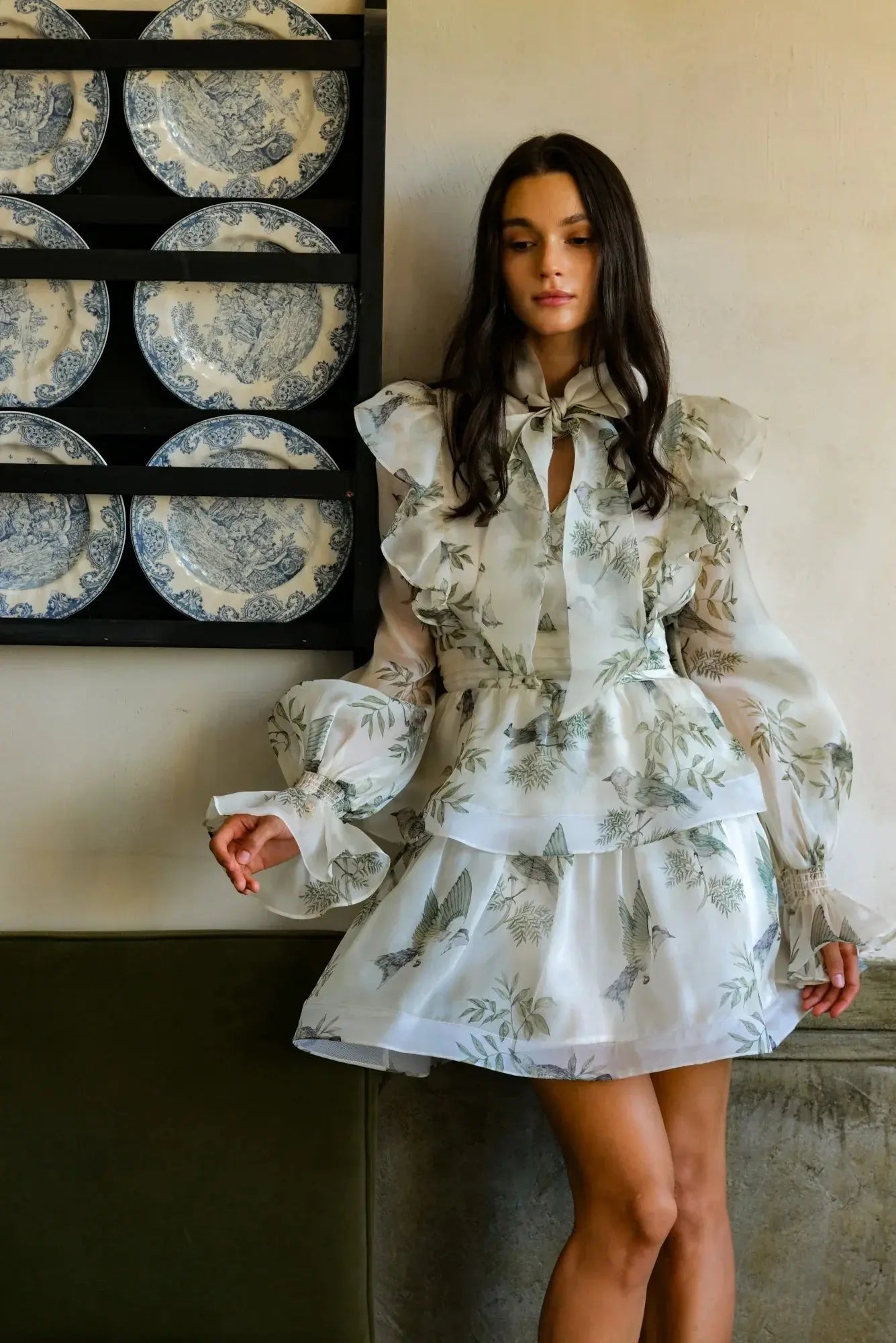 Floral Print Silk Organza Tie Neck Mini Dress