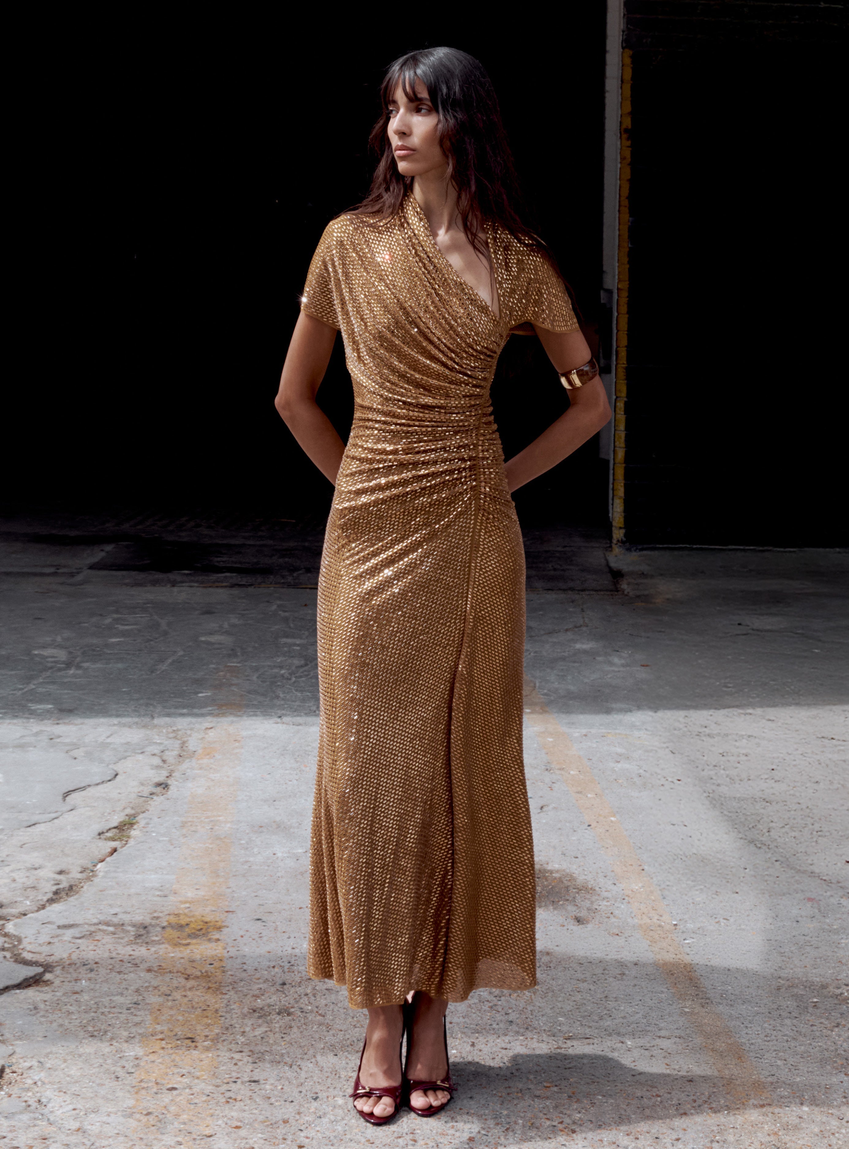 Gold Rhinestone Drape Cutout Maxi Dress