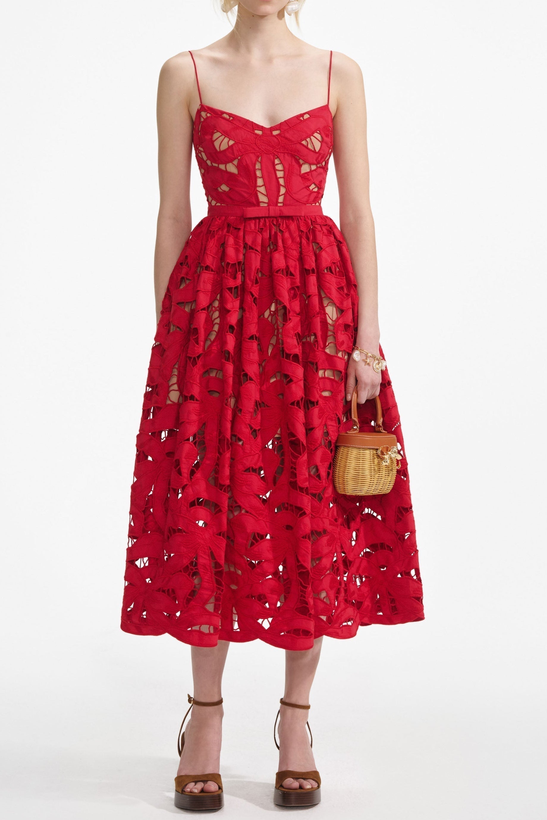 Red Embroidered Midi Dress