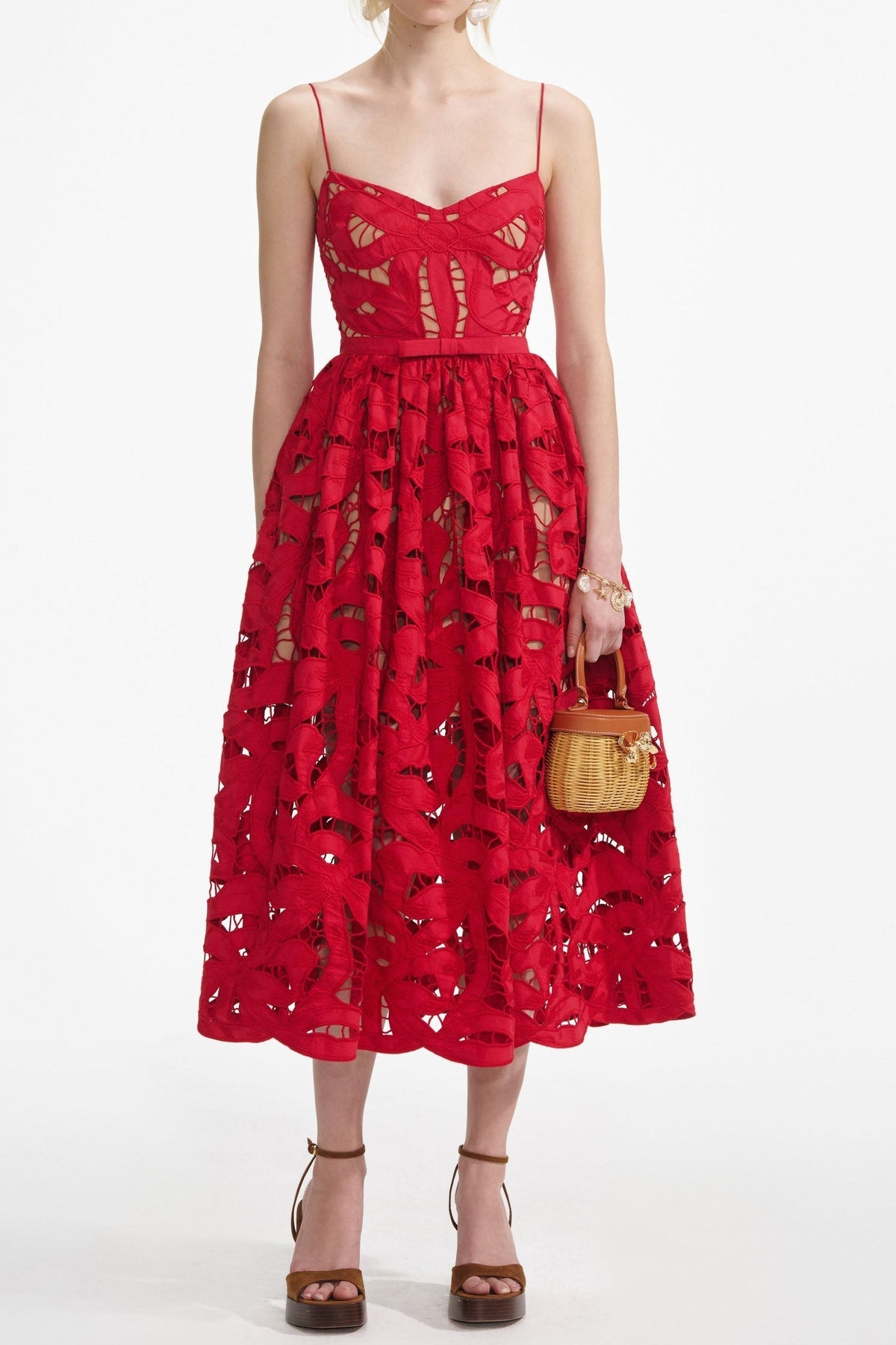 Red Embroidered Midi Dress