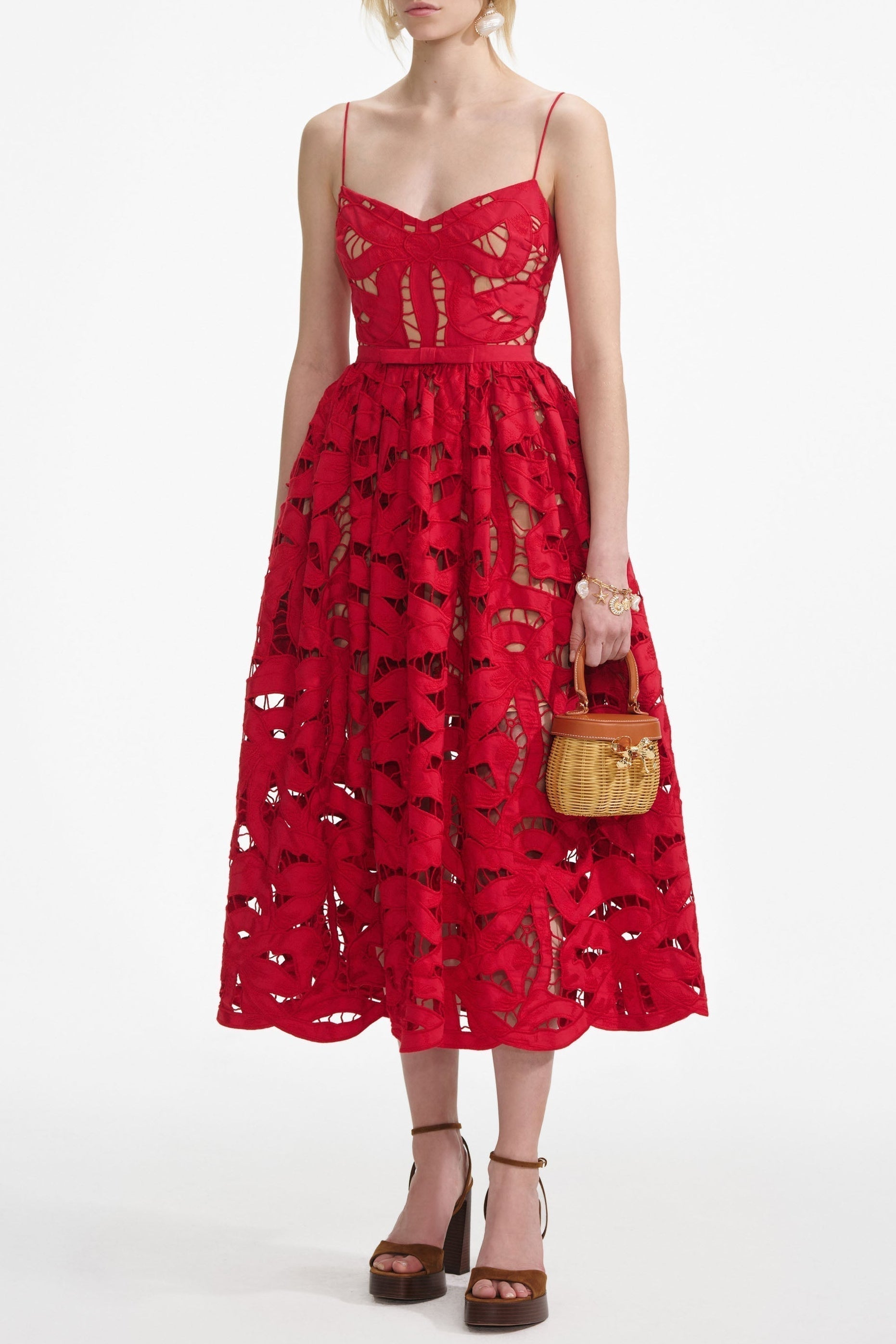 Red Embroidered Midi Dress
