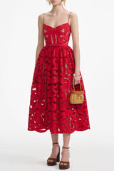 Red Embroidered Midi Dress