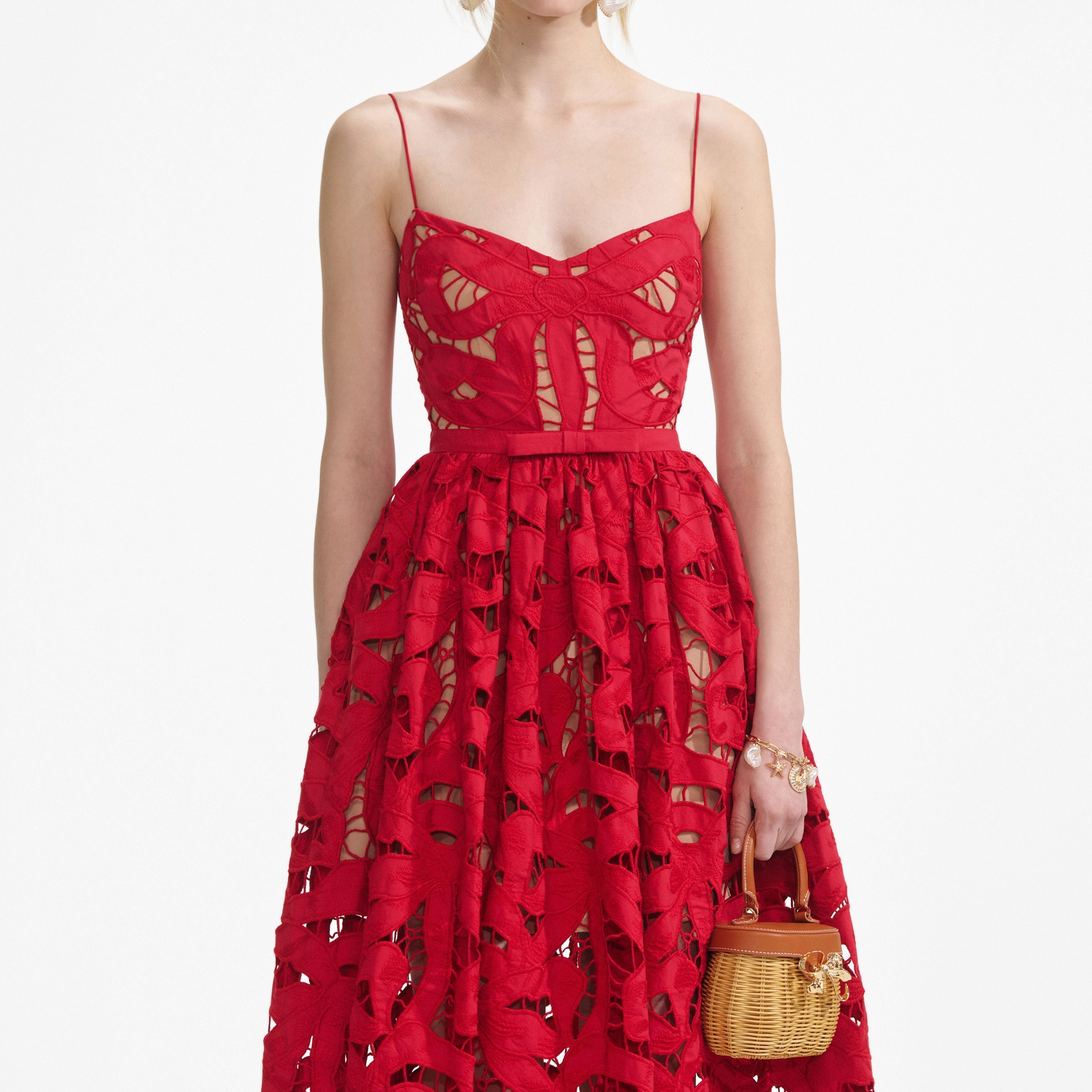 Red Embroidered Midi Dress