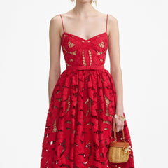 Red Embroidered Midi Dress