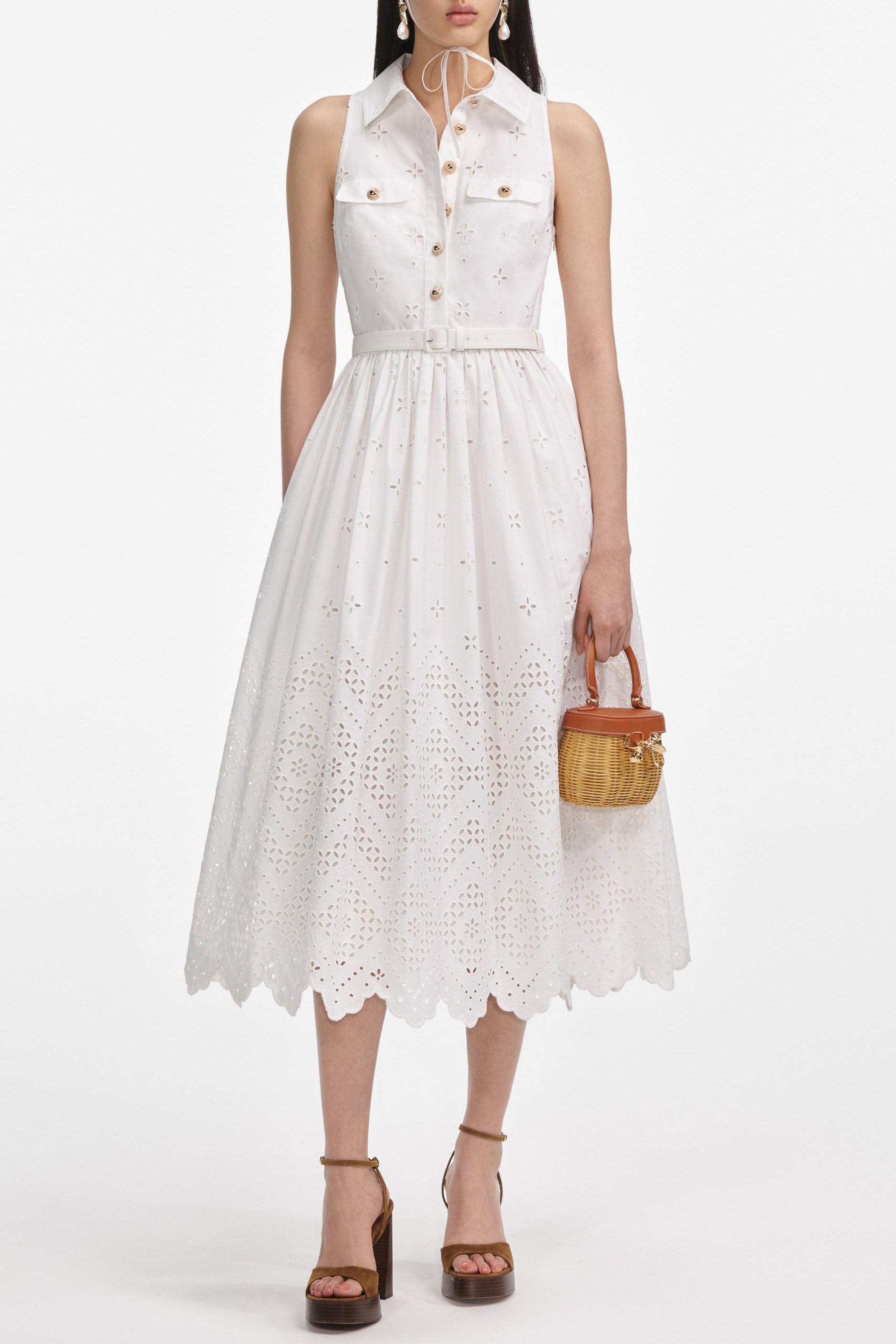 White Cotton Broderie Collared Midi Dress