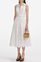 White Cotton Broderie Collared Midi Dress