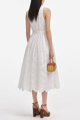 White Cotton Broderie Collared Midi Dress