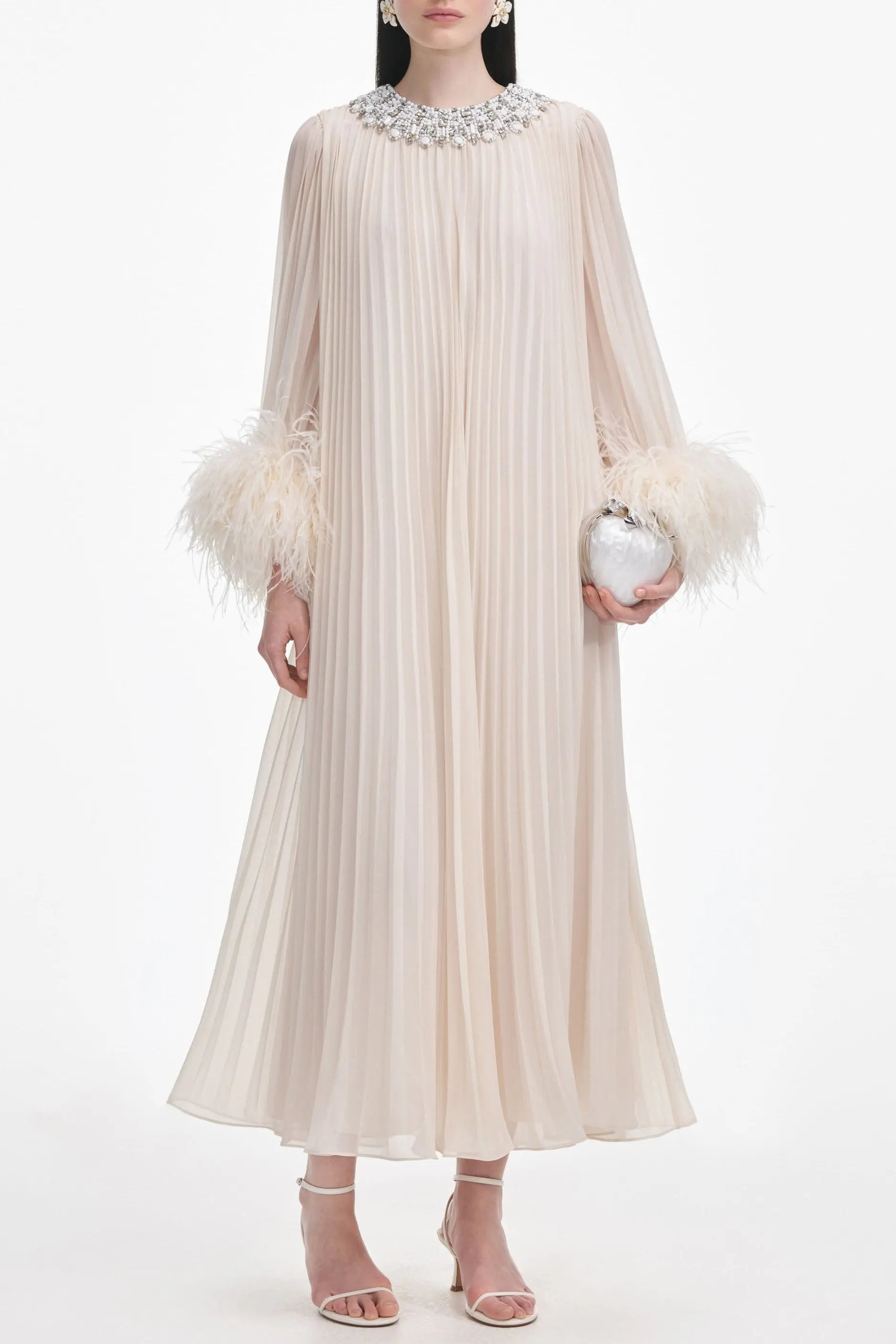 Cream Feather Midi Dress