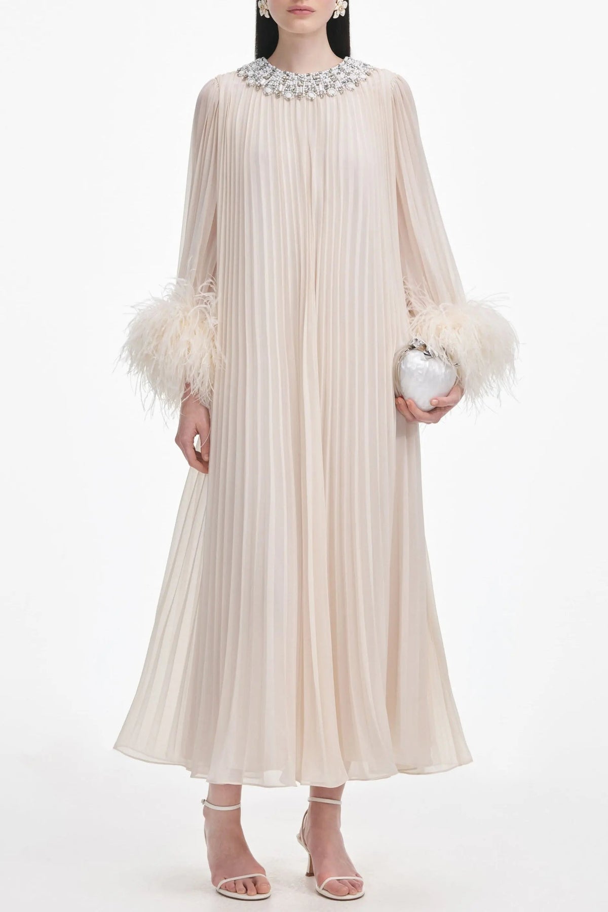 Cream Feather Midi Dress