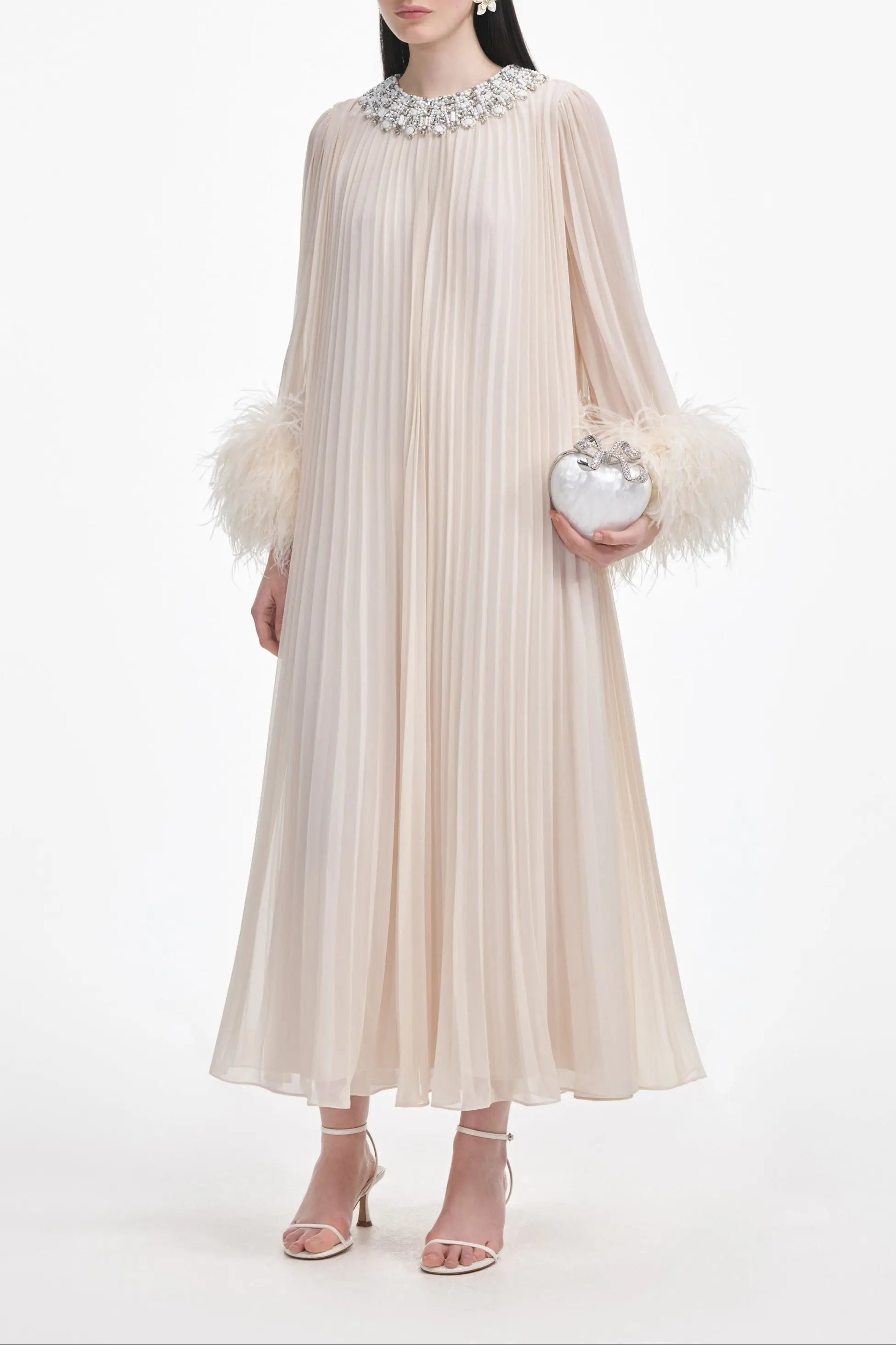 Cream Feather Midi Dress