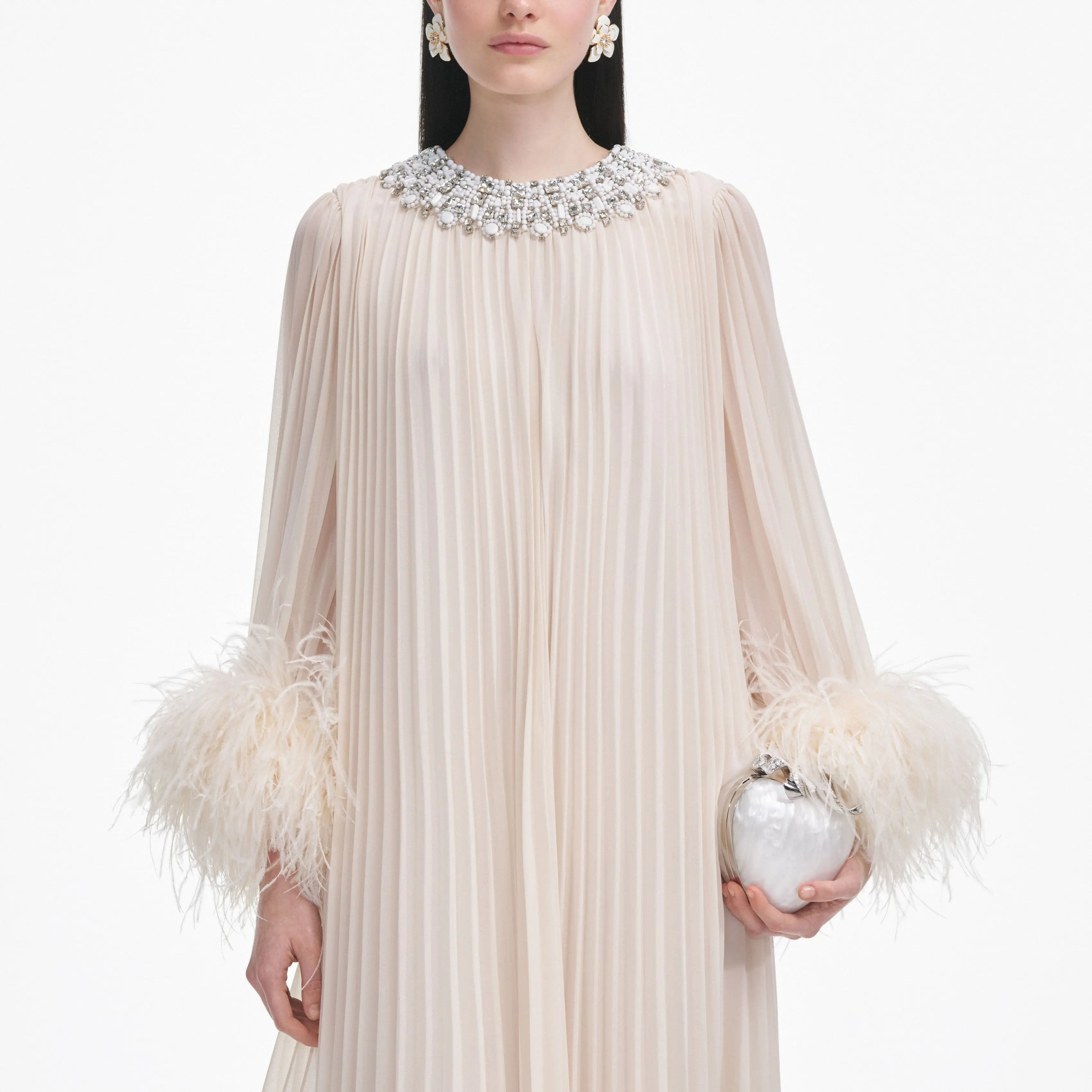 Cream Feather Midi Dress