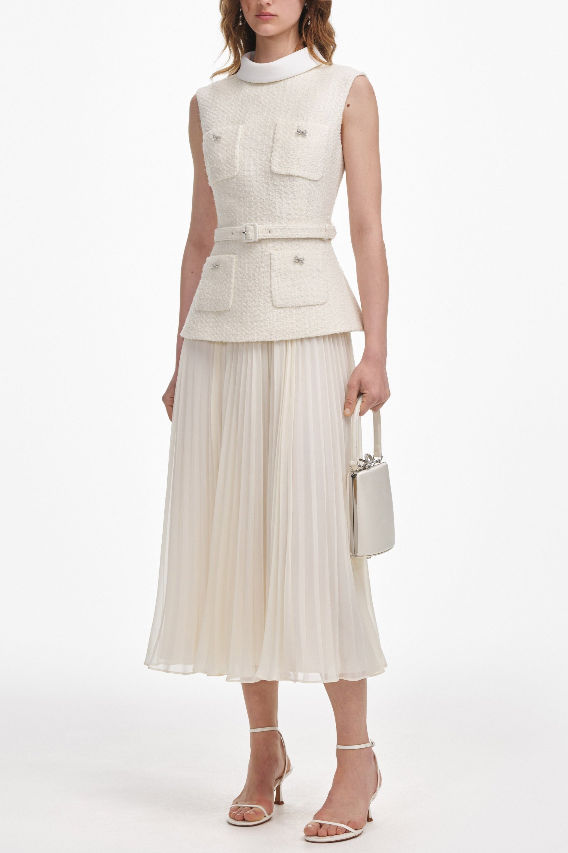 Cream Boucle Sleeveless Midi Dress