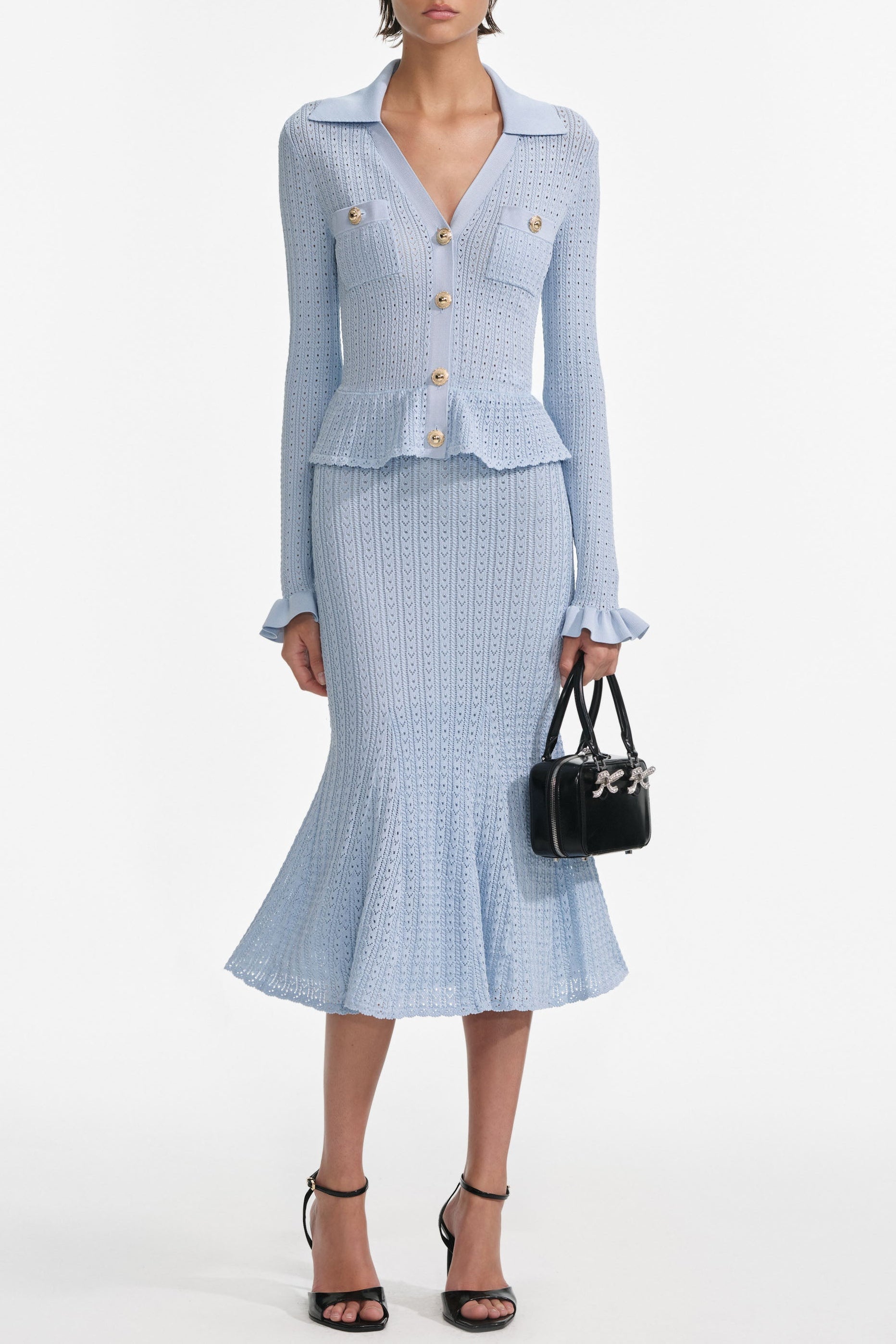 Blue Pointelle Peplum Knit Midi Dress