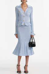 Blue Pointelle Peplum Knit Midi Dress