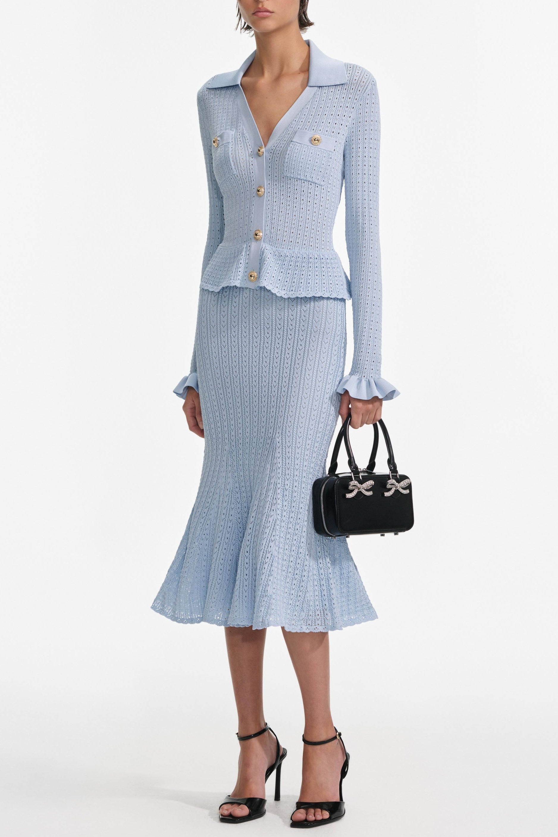 Blue Pointelle Peplum Knit Midi Dress