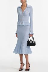 Blue Pointelle Peplum Knit Midi Dress