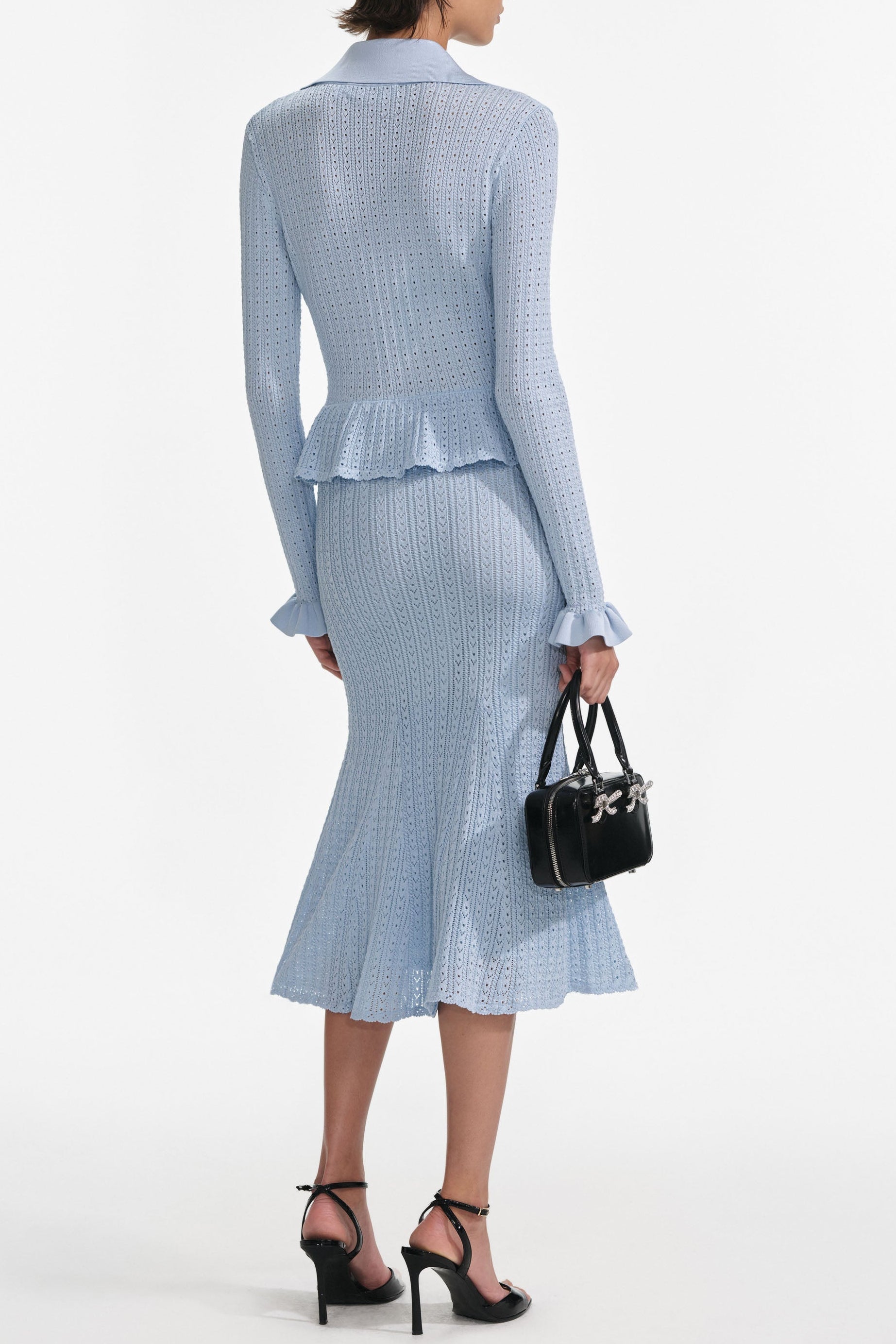 Blue Pointelle Peplum Knit Midi Dress