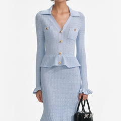 Blue Pointelle Peplum Knit Midi Dress