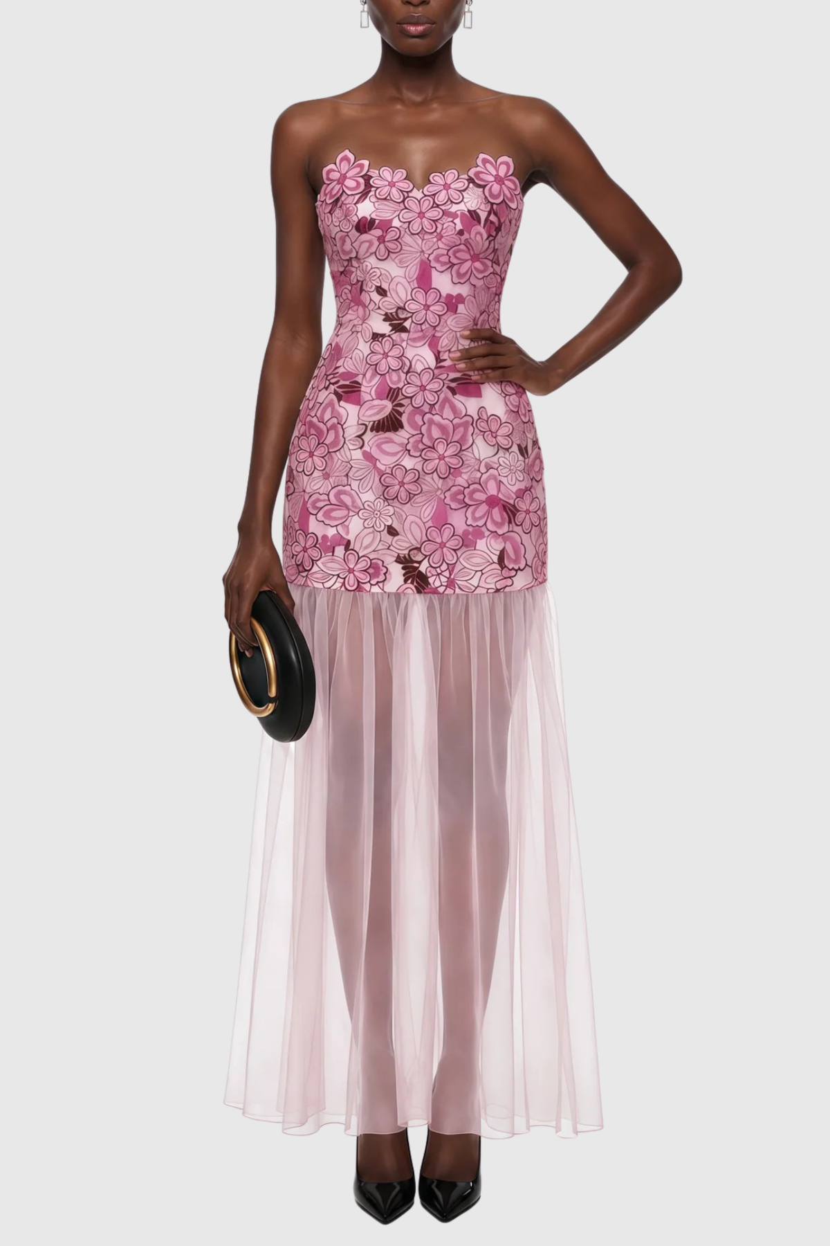 Floral Embroidery Maxi Dress - Pink