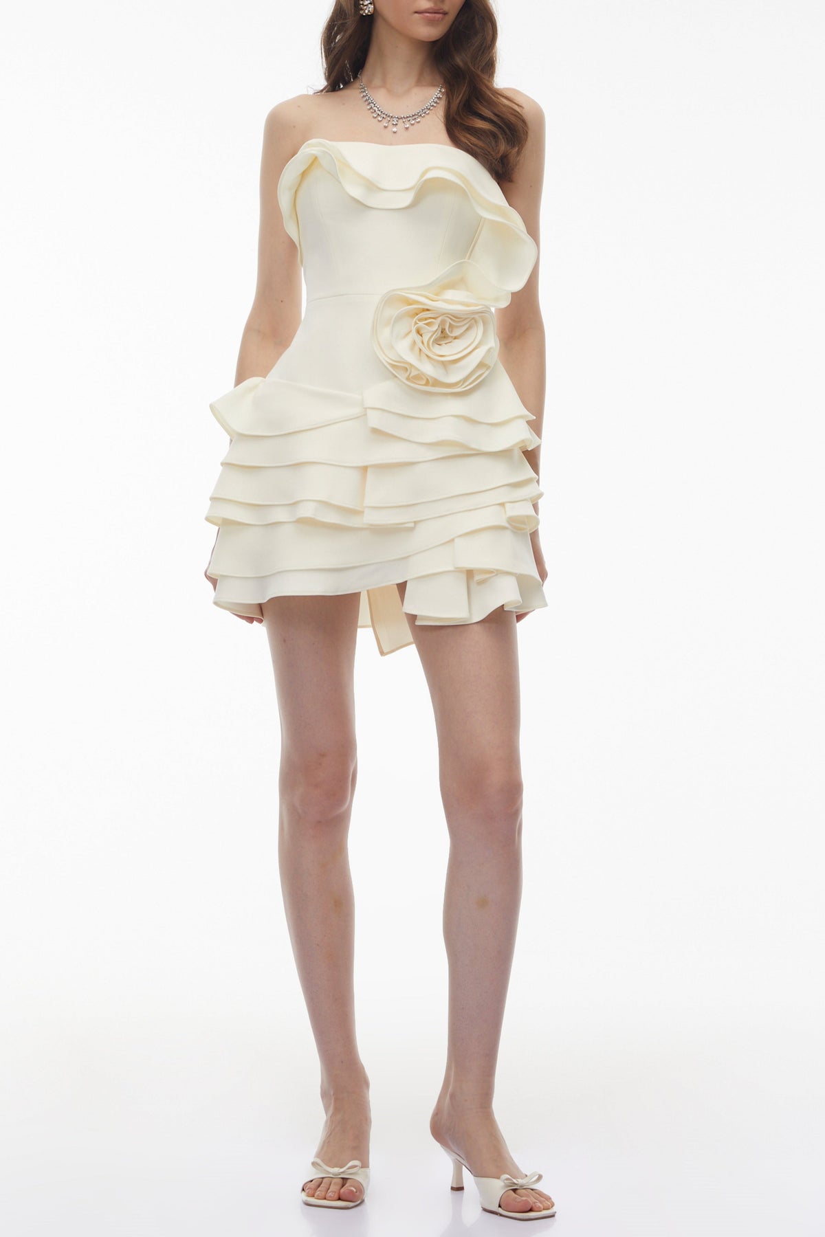 Neutral Off Shoulder Mini Dress with 3D Florals