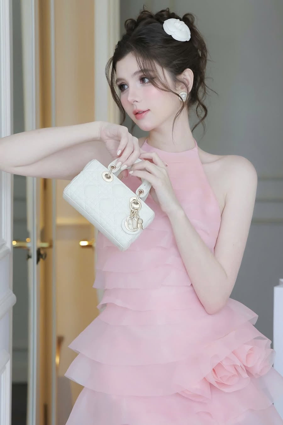 3D Flower Halter Ruffle Mini Dress in Pink