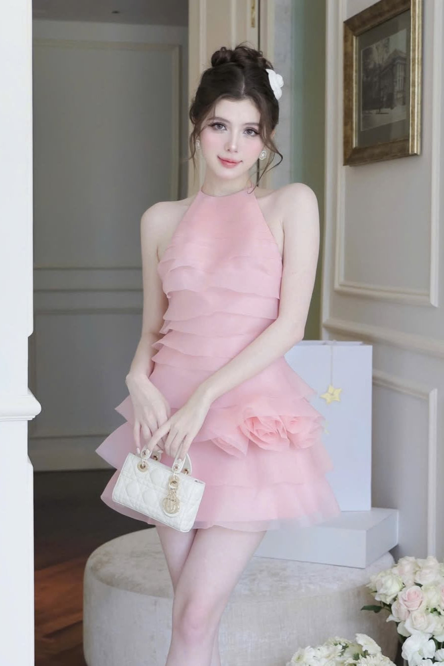 3D Flower Halter Ruffle Mini Dress in Pink