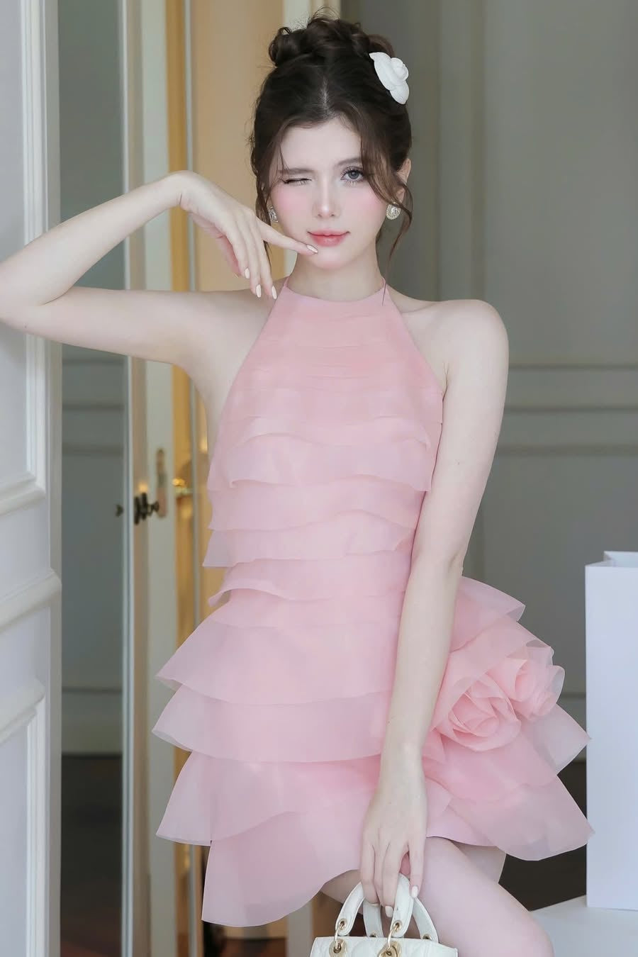 3D Flower Halter Ruffle Mini Dress in Pink