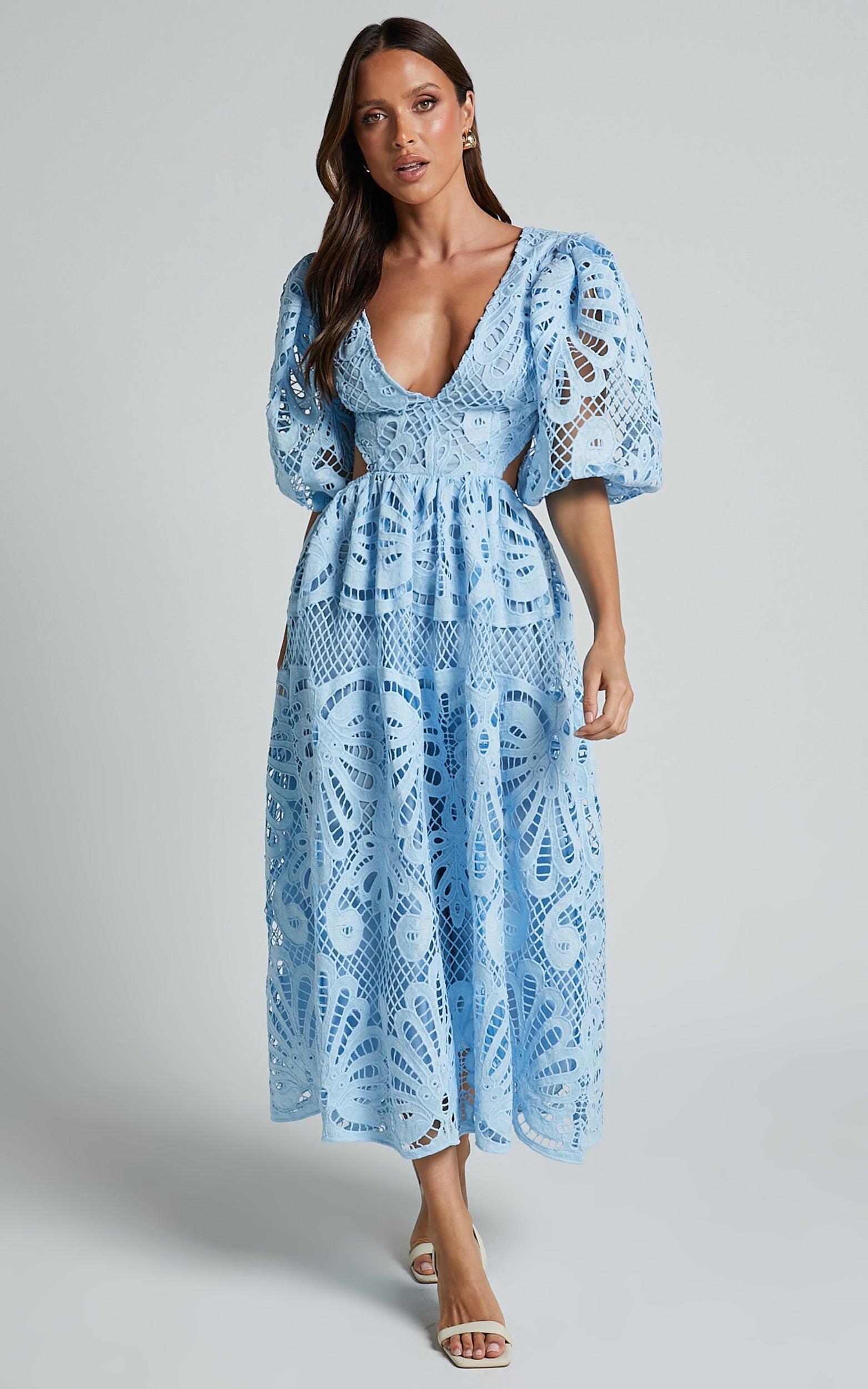 V Neck Cut Out Lace Midi Dress