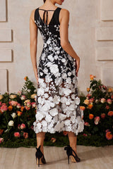 V Neck Floral Embroidered Midi Dress in Black