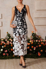 V Neck Floral Embroidered Midi Dress in Black