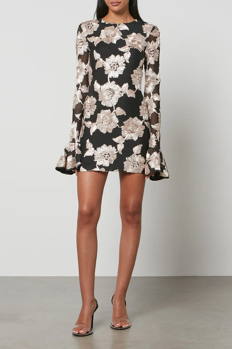 Floral-Embroidered Mesh Mini Dress
