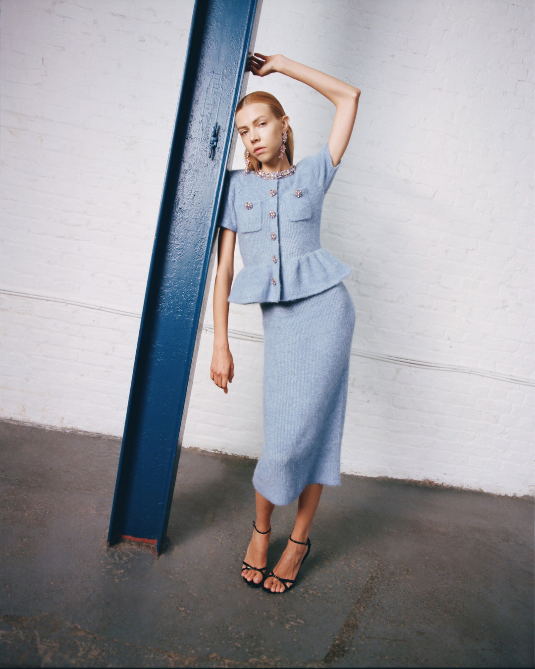 Rhinestone Peplum Knit Midi Dress in Blue